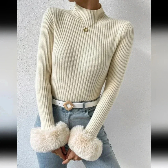 Mock Neck Fuzzy Cuff Sweater - Picture 1 of 6